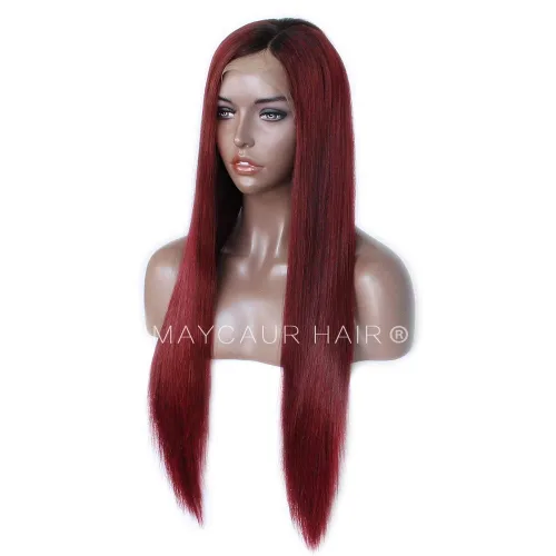 Miniatura 4 de Maycaur Pelucas de cabello humano de encaje frontal de color burdeos de densidad 130 con cabello natural de bebé
