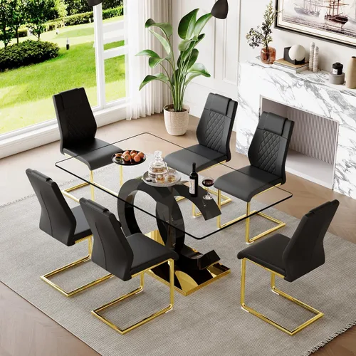 Miniatura 26 de gopop Mesa de comedor de cristal de 63 pulgadas, mesa de cocina moderna, mesa de comedor de vidrio transparente con patas de diseño único negro