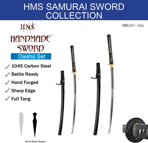 Miniatura 9 de HMS Katana samurái japonesa y Wakizashi Daisho Combo Set, Warrior and Temple Tsuba, templado térmico forjado a mano, acero al carbono 1045, vaina