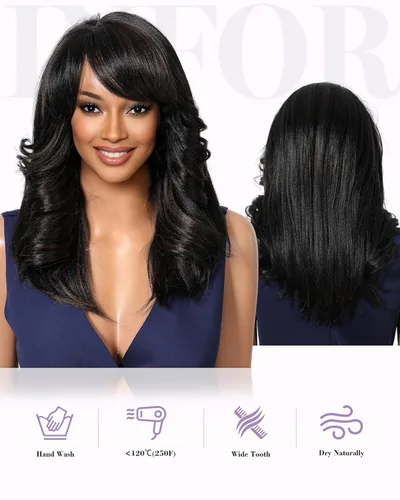 Miniatura 4 de Allbell Peluca de Ondas Corporales con Flequillo de Longitud Media con Mechas Pelucas Negras para Mujeres Sintéticas Negras Mezcladas con Marrón