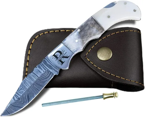 Miniatura 13 de Cuchillo de bolsillo de hueso de camello de acero damascus para hombres, regalos plegables de cuchillo de hoja para él, cuchillos hechos a mano