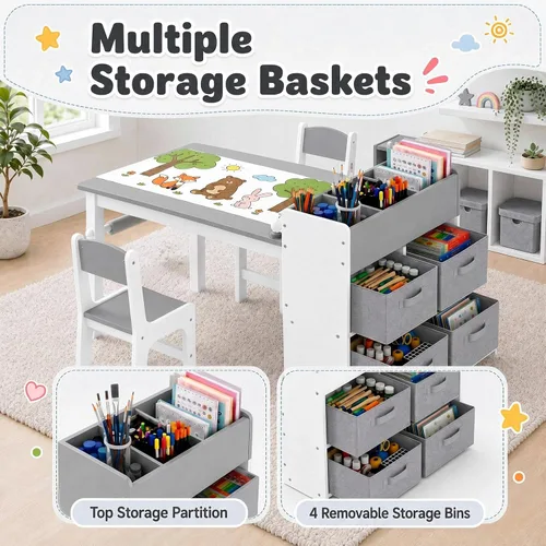 Miniatura 6 de Arlopu - Juego de mesa y 2 sillas de arte para niños, mesa de actividades de madera para niños de gran tamaño, escritorio de dibujo robusto con gran