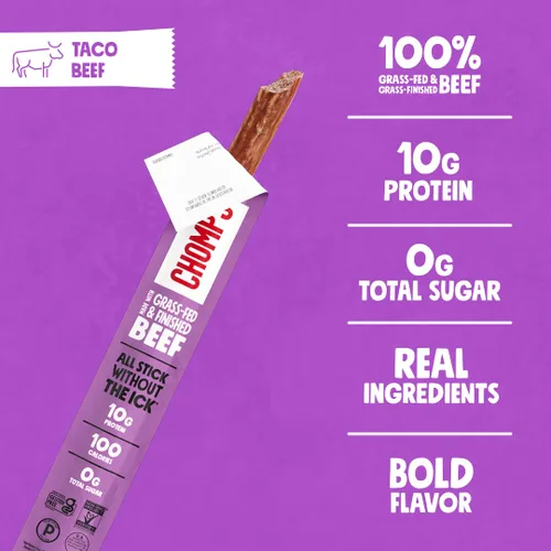 Miniatura 3 de Chomps Tiras de cecina de res alimentadas con pasto y terminadas en tacos, paquete de 10 - Keto, Paleo, Whole30, 10g de proteína de carne magra, sin