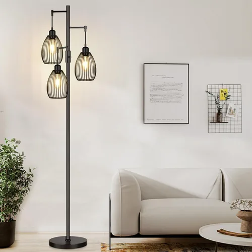 Lámpara de pie regulable, 3 bombillas LED Edison de 800LM incluidas, lámpara de pie industrial de granja lámpara de árbol de pie con elegante jaula