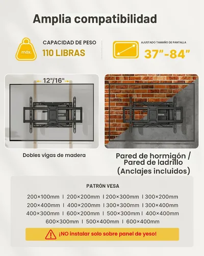Miniatura 2 de monTEK - Soporte de pared para TV de movimiento completo para televisores de 37 a 84 pulgadas, soporte de TV con brazos articulados, inclinación