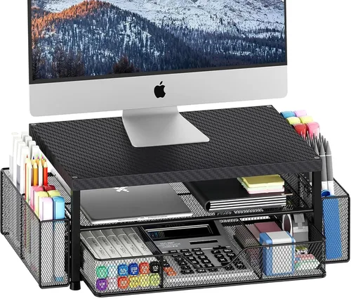 Miniatura 8 de OPNICE - Organizadores y accesorios de escritorio, con soporte de monitor de computadora de 2 niveles, cajón y 2 soportes para bolígrafos, Roble
