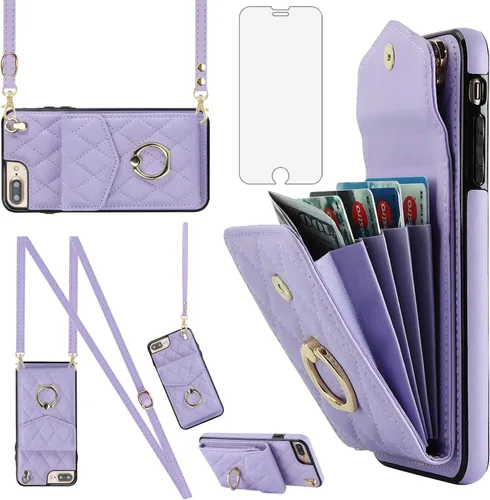 Asuwish Funda de teléfono para iPhone 7plus 8plus 7/8 Plus Funda tipo cartera con protector de pantalla de vidrio templado, anillo cruzado, Púrpura