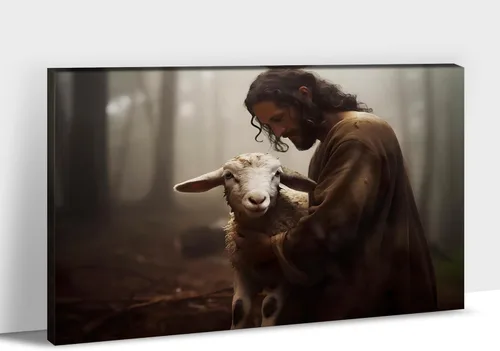 Miniatura 38 de Arte de pared en lona de Jesús y Cordero, Imagen de Jesús Corriendo tras la Oveja Perdida, Arte de pared religioso de Jesús Dejando las 99, Pinturas