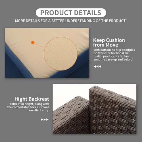 Miniatura 7 de Rattaner Sofá de mimbre para patio de 3 asientos, muebles de sofá de ratán para exteriores con marco de acero con funda para muebles y asiento Azul