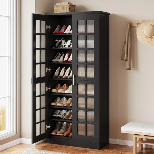 Miniatura 3 de Tribesigns Zapatero alto con puertas, almacenamiento de zapatos de 8 niveles con estantes ajustables, moderno organizador de zapatos para entrada