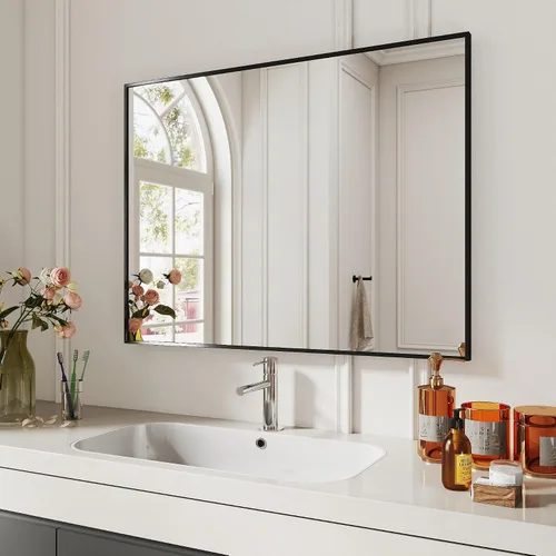 Miniatura 7 de Espejo de baño con marco de metal negro mate, espejo rectangular de tocador de 55 x 36 pulgadas, espejo de pared rectangular grande, antioxidante