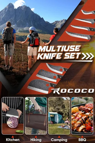 Miniatura 5 de ROCOCO Juego de 13 Cuchillos de Carnicero para Corte de Carne Cuchillo de Chef Serbio Cuchillo de Deshuesado Vikingo con Bolsa Enrollable