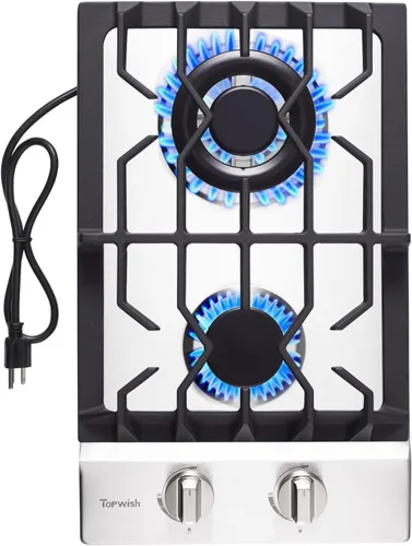 TOPWISH Placa de cocina de gas de 12 pulgadas, estufa de propano con 2 quemadores sellados ITALY SABAF de 18,000 BTU, NG/LPG, estufa convertible de