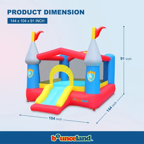 Miniatura 6 de Castillo de casa saltarina inflable Bounceland con aro de baloncesto, brincador inflable, tobogán divertido, entrada segura, soplador fuerte
