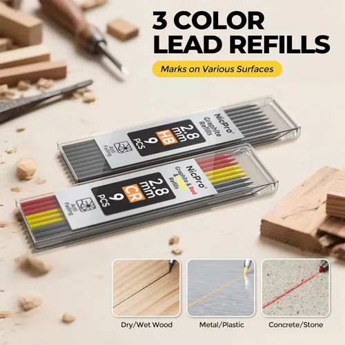 Miniatura 4 de Nicpro Lápiz de carpintero con sacapuntas, lápices mecánicos de carpintero CP3000 con 19 recargas, marcador de agujero profundo para construcción