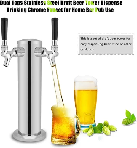 Miniatura 2 de Dispensador de torre de cerveza, kit dispensador de torre Kegerator de cerveza de acero inoxidable con 2 asas de grifo y manguera, llave de barril
