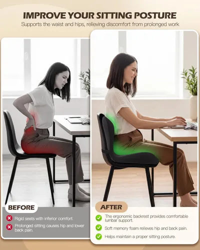 Miniatura 3 de Hoveeso Cojín para silla de oficina para aliviar el dolor de espalda baja y coxis, cojín de asiento de coche y camión, espuma cómoda y respaldo