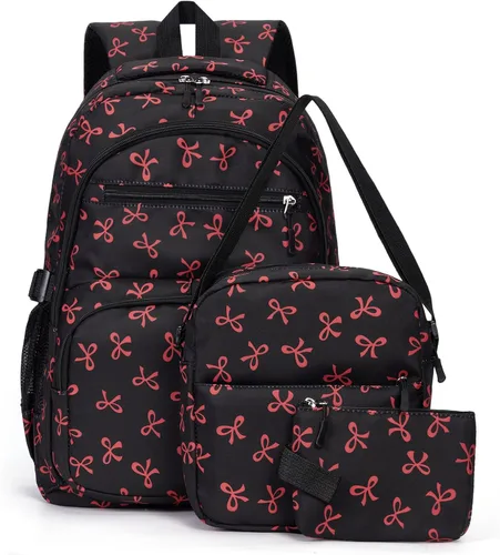 Miniatura 11 de Mochila con lazo para mujer, mochila kawaii de nailon coquette, juego de 3 piezas, linda mochila para computadora portátil universitaria, mochila