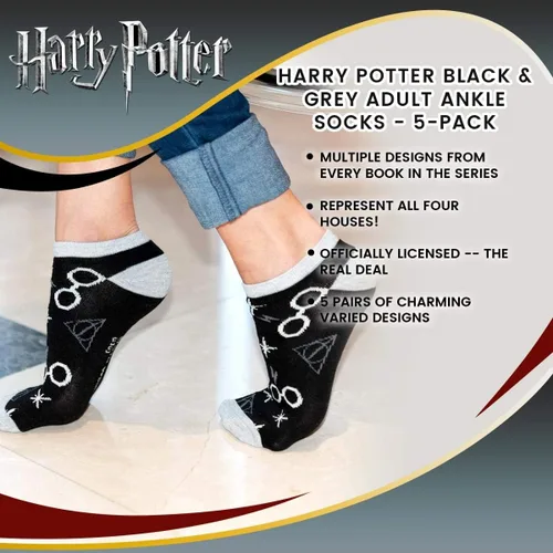 Miniatura 7 de Harry Potter Calcetines tobilleros para adultos, paquete de 5 unidades, negro+gris, tallas 4-10, Gris