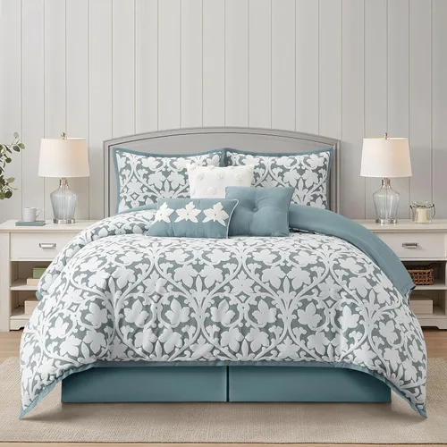 Grand Avenue Juego de edredón azul de 7 piezas, juego de cama jacquard tamaño Queen, ropa de cama de hojas florales para todas las estaciones,