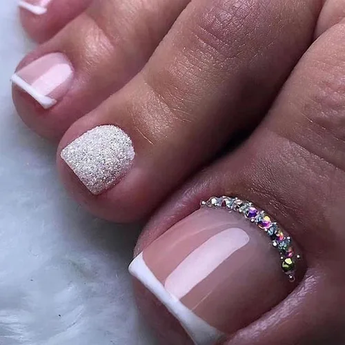 Uñas postizas a presión con punta francesa blanca, uñas postizas cuadradas con diamantes de imitación, acrílico, rosa, polvo de purpurina, puntas de