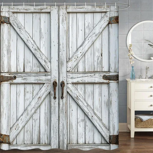 Miniatura 21 de Cortina de ducha de puerta de granero de madera rústica, 60 x 70 pulgadas, beige