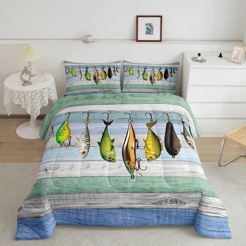 Miniatura 45 de Erosebridal Juego de edredón de pesca tamaño individual para hombres, juego de ropa de cama de peces de lubina para pescadores, niños de caza