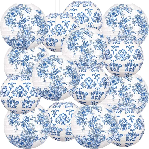 15 linternas de papel chinas, decoración de chinoiserie, farol de porcelana azul y blanco para colgar para mediados de otoño, festival, fiesta,