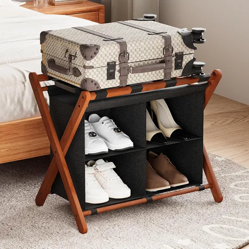 Miniatura 13 de Huhote Portaequipajes para habitación de invitados, soporte plegable para maleta con estante de almacenamiento de tela, soporte para equipaje