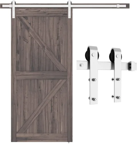 Miniatura 9 de SMARTSTANDARD Kit de herrajes para puerta de granero de níquel cepillado de 7 pies, pista deslizante resistente, suave y silenciosa, fácil