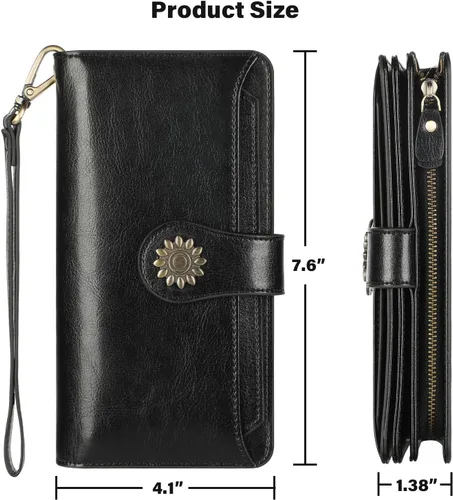 Miniatura 7 de Lavemi Carteras de cuero genuino de gran capacidad con bloqueo RFID para mujer, tarjetero con correa para la muñeca
