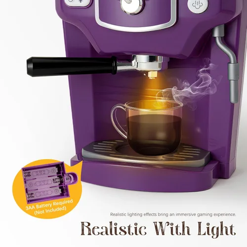 Miniatura 5 de Toylink Cafetera de juguete para niños con sonido y luces, juego de café morado para niños, accesorios de cocina con tazas y comida de juego