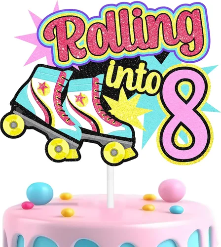 Miniatura 9 de Decoraciones retro para tartas de patinaje sobre ruedas para cumpleaños de 7 años, decoraciones enrollables, fiesta de cumpleaños de niños y niñas