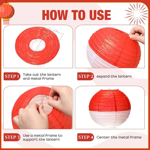 Miniatura 3 de Honoson 9 linternas de papel decorativas colgantes redondas de 8 pulgadas, 10 pulgadas, 12 pulgadas, lámparas de bola rojas y blancas para fiesta