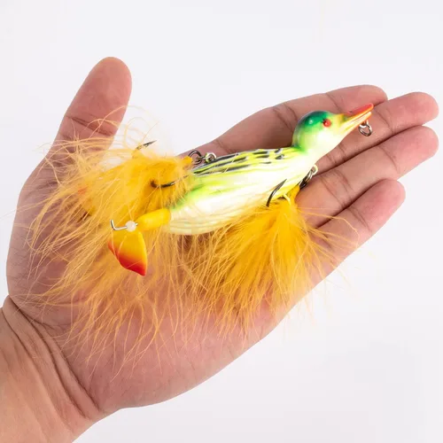 Miniatura 8 de Dr.Fish Topwater - Señuelo de pesca de pato de 4.1 pulgadas, realista, 3D, anzuelos de plumas de cebo duro flotantes, cebo artificial, lucio, lucio