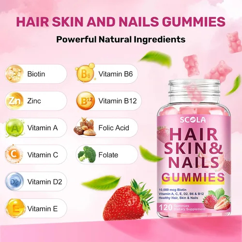 Miniatura 7 de SCOLA Gomitas para el cabello, la piel y las uñas, biotina (10,000 mcg) Suplemento vitamínico para el cabello, la piel y las uñas, para mujeres