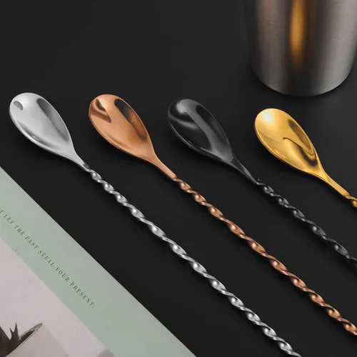 Miniatura 7 de AnSaw Cuchara de cóctel negra de acero inoxidable de 12 pulgadas con mango de hojas, perfecta para mezclar y poner en capas bebidas en tazas altas