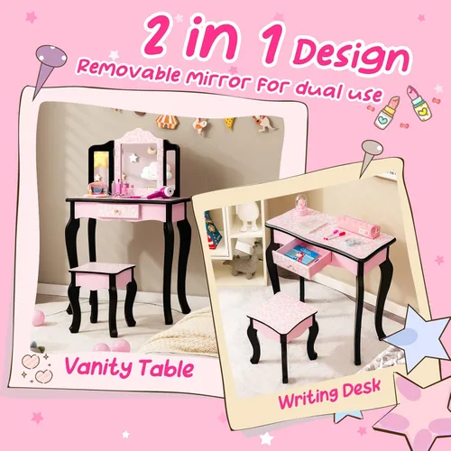 Miniatura 2 de Costzon Juego de mesa y silla para niños, juego de tocador para niñas con espejo y taburete, cajón de almacenamiento, tocador de maquillaje