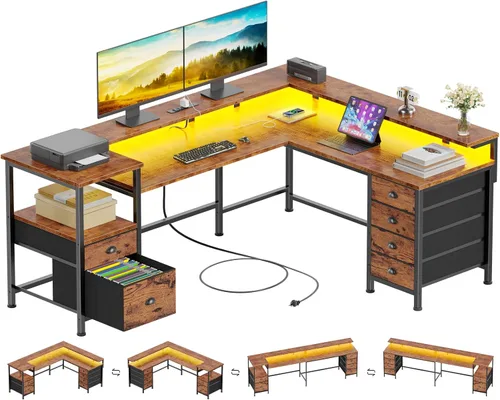 Miniatura 10 de Furologee Escritorio reversible para juegos en forma de L de 66 pulgadas con 6 cajones y estantes de almacenamiento para impresora, escritorio