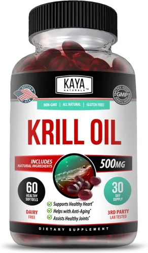 Kaya Naturals - Aceite de krill antártico de 500 mg con Omega 3, EPA, DHA, fosfolípidos y suplemento de astaxantina - Vitamina para el cerebro y la