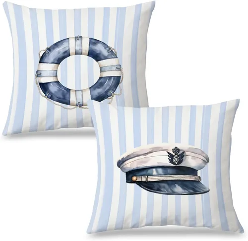 Miniatura 10 de Fundas de almohada costeras de langosta, fundas de almohada náuticas de langosta roja de Nueva Inglaterra con rayas azules y blancas para casa
