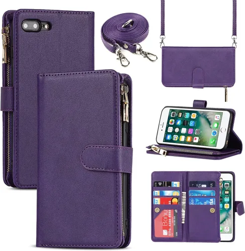 Cavor Funda tipo cartera para iPhone 8 Plus, con soporte para correa, tarjetero para mujeres y hombres, funda protectora magnética de cuero para