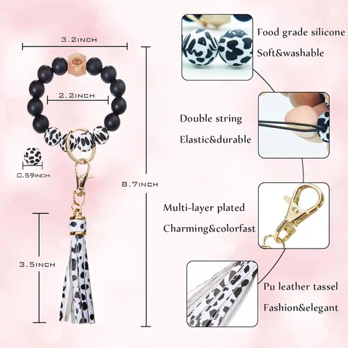 Miniatura 2 de BAOSIWA Pulsera de cuentas de silicona con llavero de pulsera para mujer con borla de cuero