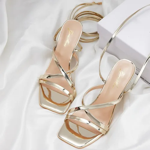 Miniatura 3 de GENSHUO Sandalias de tacón para mujer con tiras y cordones de tacón alto, sandalias de punta cuadrada, sandalias de tacón para fiestas, bailes