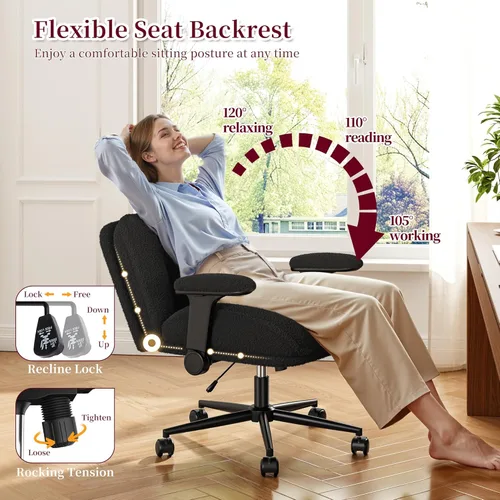 Miniatura 3 de DurayLoly Silla de Oficina con Piernas Cruzadas con Brazos Abatibles, Silla de Piernas Cruzadas Ancha con Ruedas y Asiento Extra Profundo Engrosado