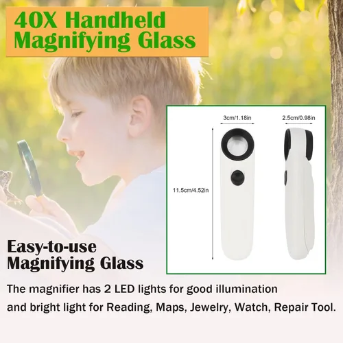 Miniatura 2 de Rongon Lupa de mano 40X de alta potencia de mano iluminada lupa joyero ojo joyería lupa caso de cuero para leer mapas joyería reloj herramienta
