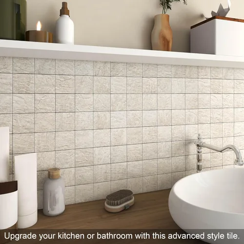 Miniatura 3 de BeNice Adhesivos de pared gruesos de mosaico de piedra autoadhesiva para cocina, azulejos en muro de baño, 12 x 12 pulgadas (beige, 10 hojas)