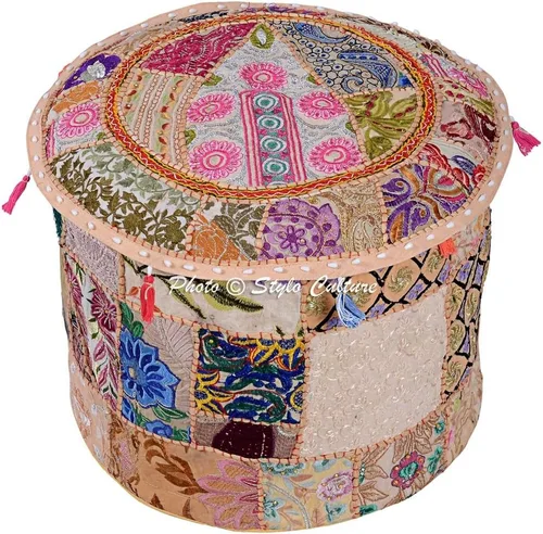 Funda de puf otomana redonda de algodón étnico bordado beige floral puf muebles taburete indio 17.7 in reposapiés cojín decoración puf puf sala de