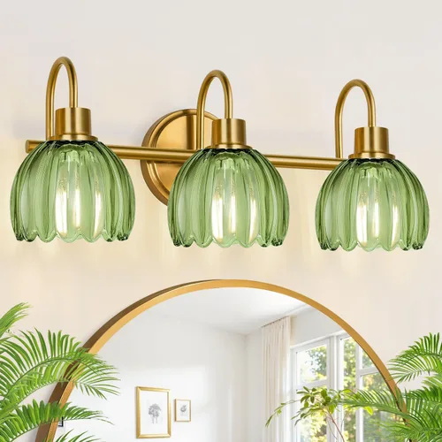 Miniatura 16 de Juego de 2 lámparas de tocador de baño en oro cepillado, lámpara de pared de cabeza única con pantalla de vidrio verde acanalado