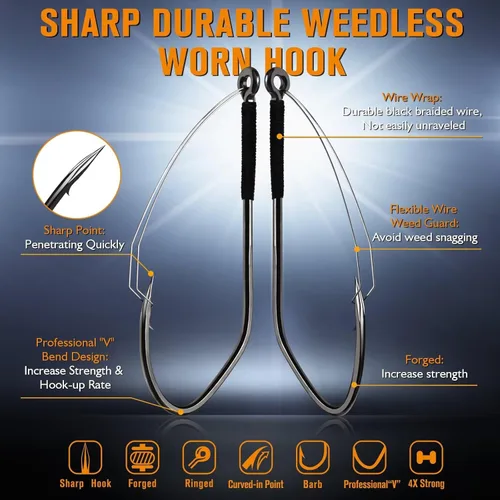 Miniatura 2 de Dovesun Weedless Worm Hooks Wacky Rig Hooks Texas Rig Hooks 30PCS Professional V Bass Fishing Hooks for Freshwater Saltwater 1/0 2/0 3/0